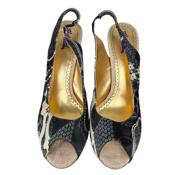 Hale Bob Tan Black Heels Sz 10 M Peep Toe Slingback Leather Outsole - Picture 5 of 16